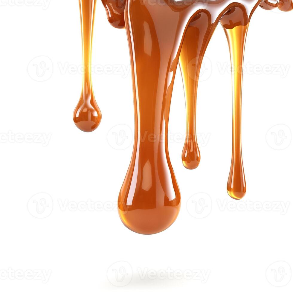 Golden brown syrup drips gracefully against a clean white background, creating a rich and inviting texture. photo