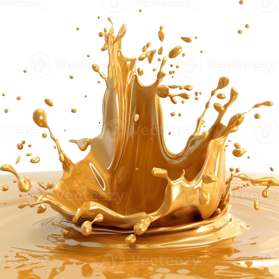 A stunning splash of golden liquid, creating dynamic droplets against a clean white background. photo