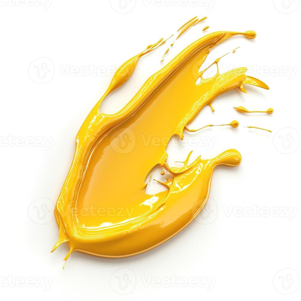 Vibrant yellow paint splash creating an artistic texture on a white background. photo