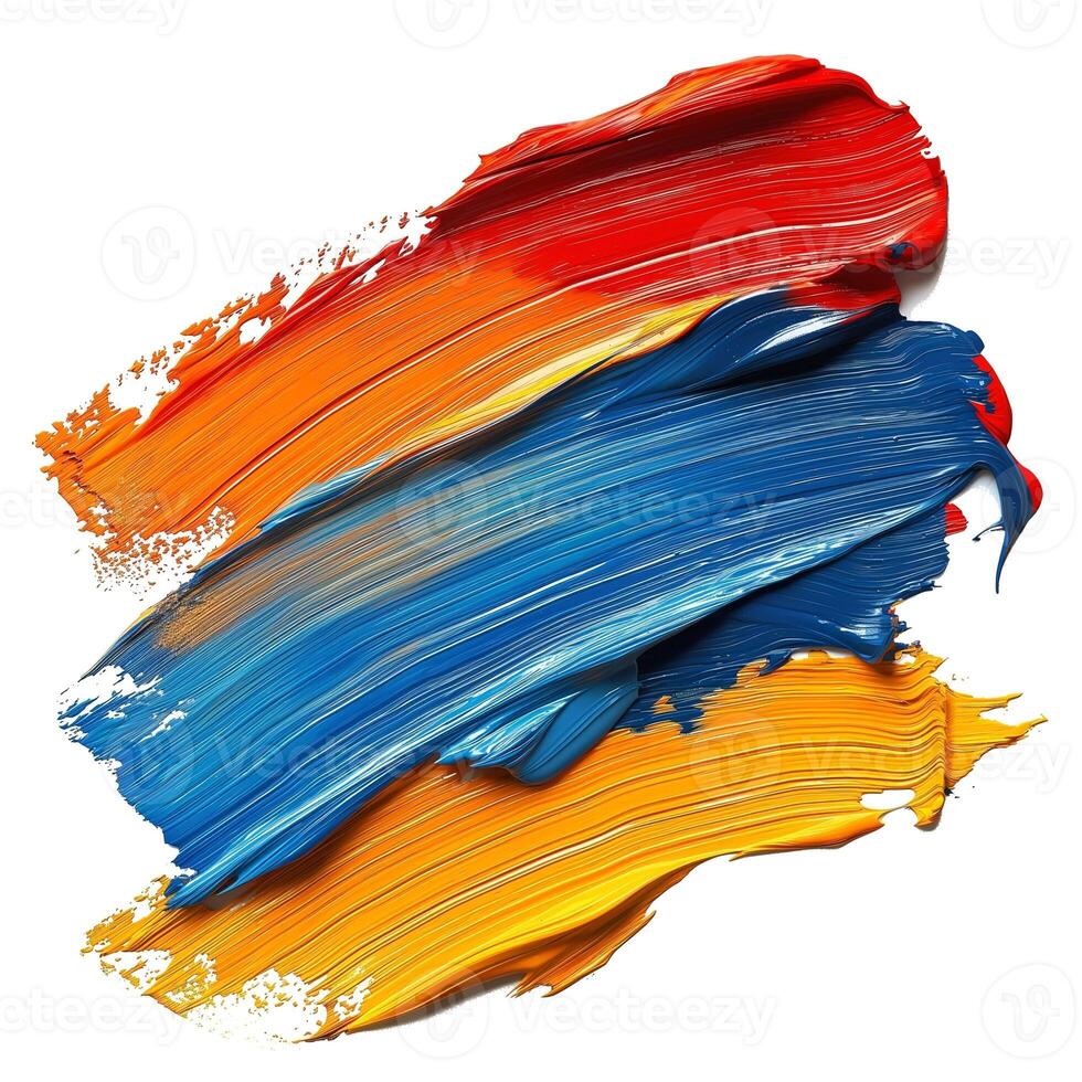 A vibrant mix of orange, red, blue, and yellow paint strokes creating an artistic splash on a white background. photo