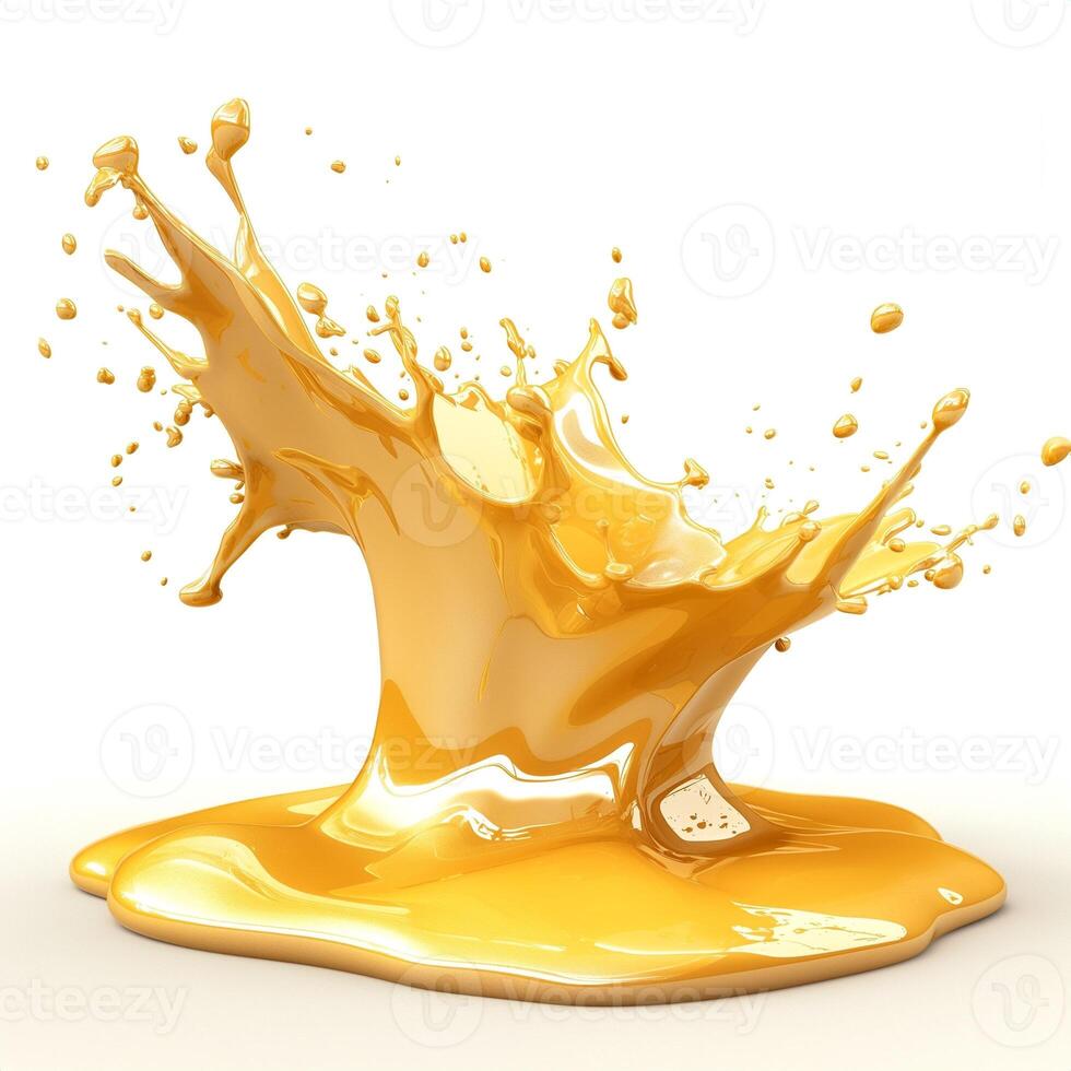 A vibrant splash of yellow liquid creating dynamic shapes against a white background, evoking energy and creativity. photo