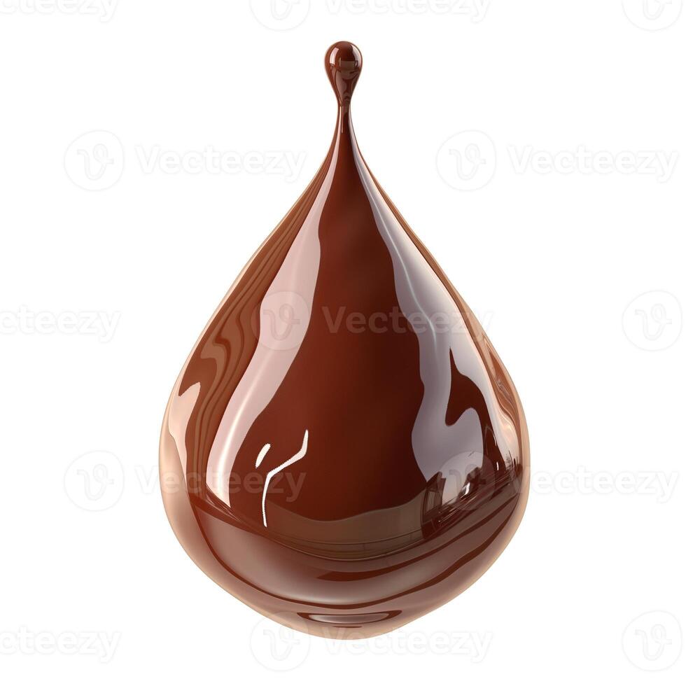 A glossy, rich chocolate drop suspended in mid-air, showcasing its smooth, fluid form and deep brown color. photo