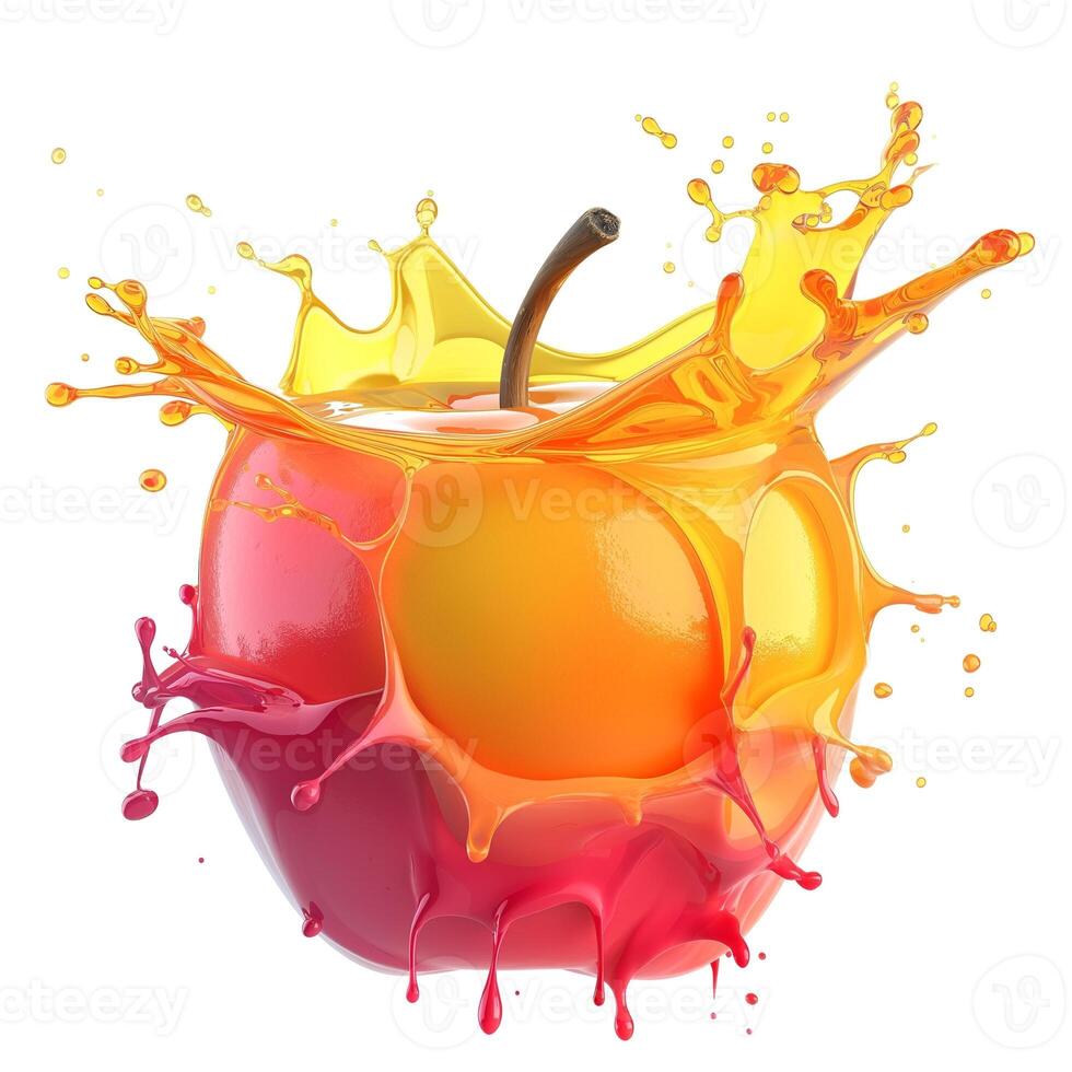 A vibrant apple splashing in a burst of colorful liquid, showcasing a lively mix of red, yellow, and orange hues. photo