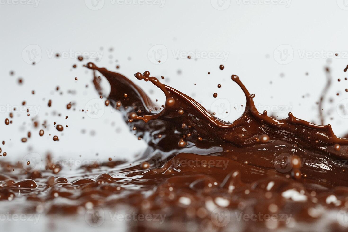 Close-up of rich, dark chocolate splashing against a light background, creating a dynamic and appetizing scene. photo