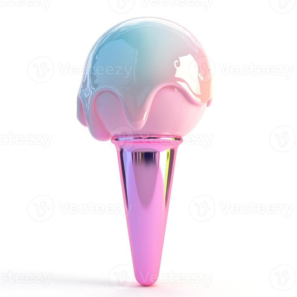 A shiny, pastel ice cream cone with a glossy finish, featuring a swirl of soft pink and blue ice cream. photo