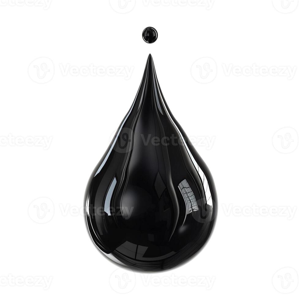 A striking black droplet of liquid, captured mid-fall, highlighting its glossy texture and elegant shape. photo