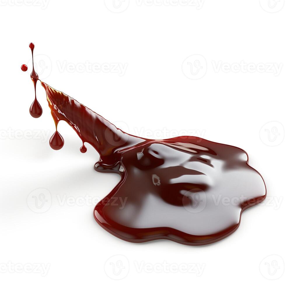 A vivid splash of dark red liquid, resembling syrup or paint, creating an artistic pattern on a clean white surface. photo