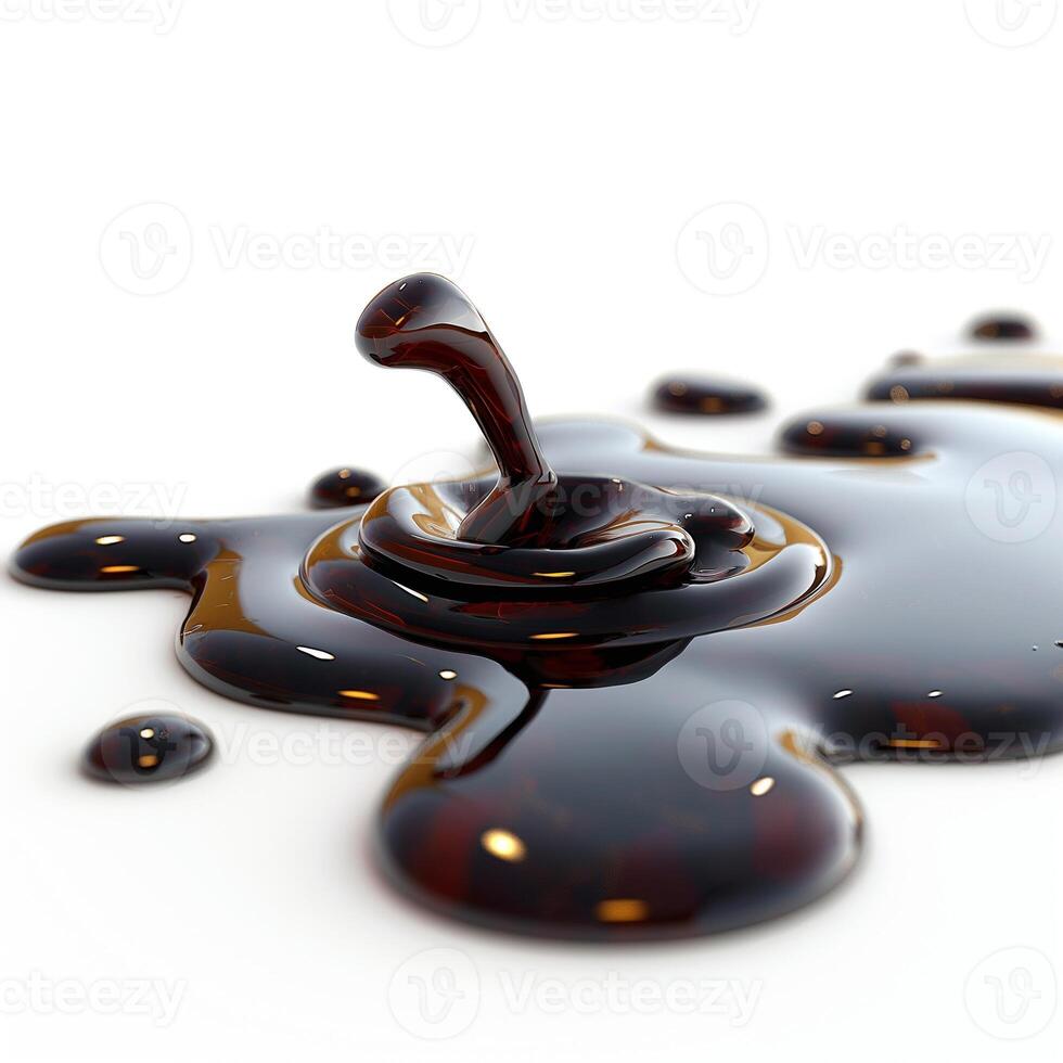 A close-up of glossy, dark liquid splashing against a white background, creating dynamic shapes and reflections. photo