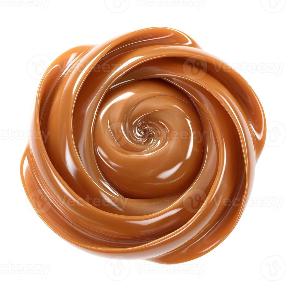 An artistic swirl of smooth caramel brown substance, featuring glossy texture and vibrant color. photo