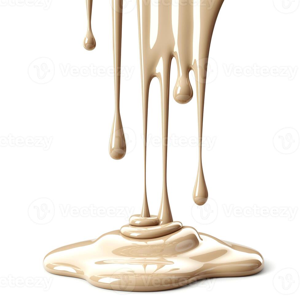 A close-up view of creamy beige paint dripping in various formations, creating an artistic composition. photo
