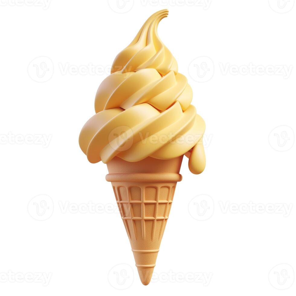 A delicious-looking soft serve ice cream in a waffle cone, showcasing a creamy orange-yellow color. photo