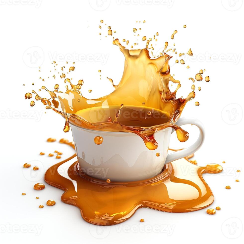 A splash of hot beverage overflowing from a white cup, creating an energetic and dynamic scene. photo