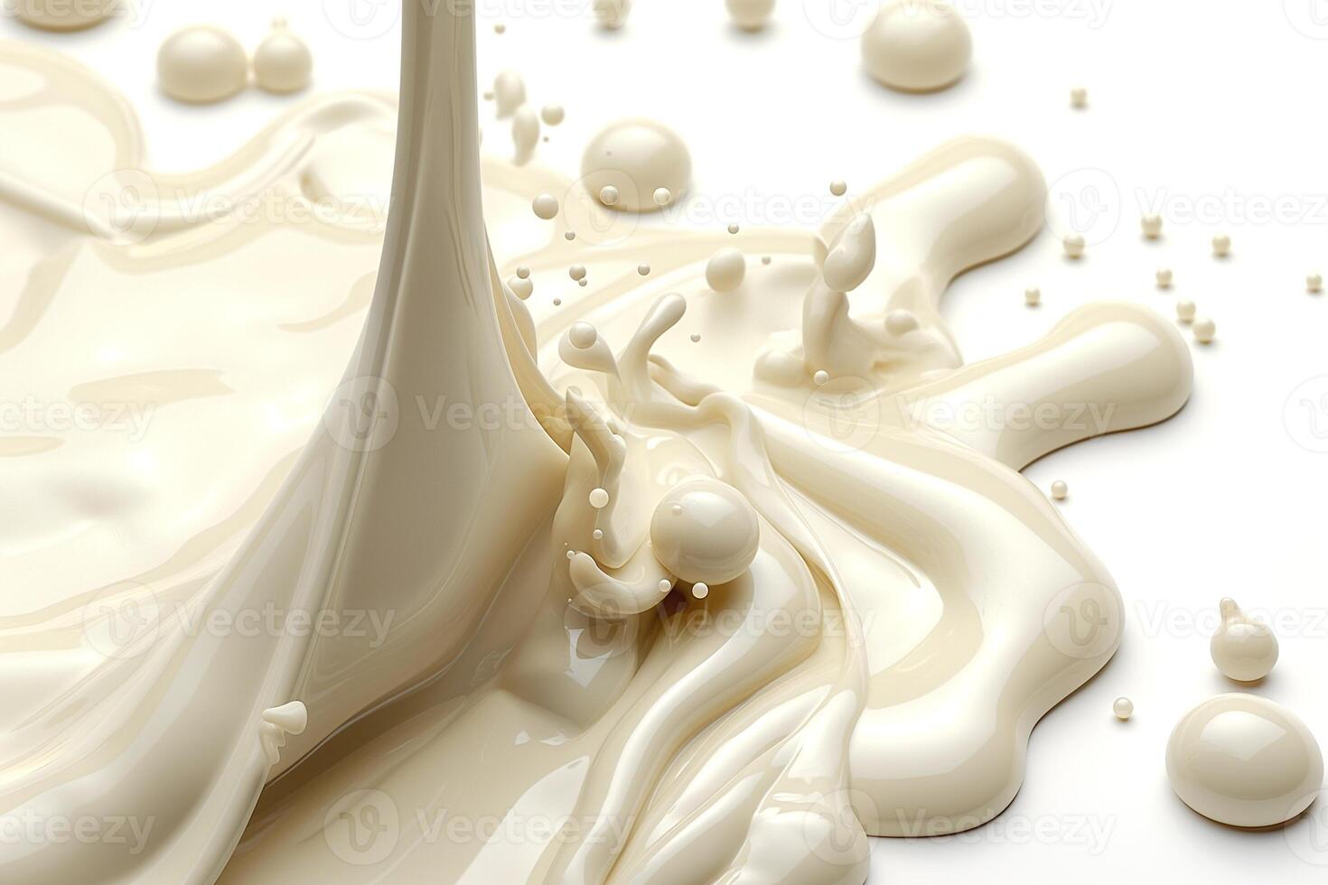 Flowing creamy liquid artfully spills and splashes on a smooth surface, creating dynamic textures and shapes in neutral tones. photo