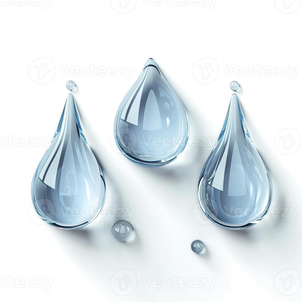 Three transparent water droplets on a white surface, capturing light beautifully. photo