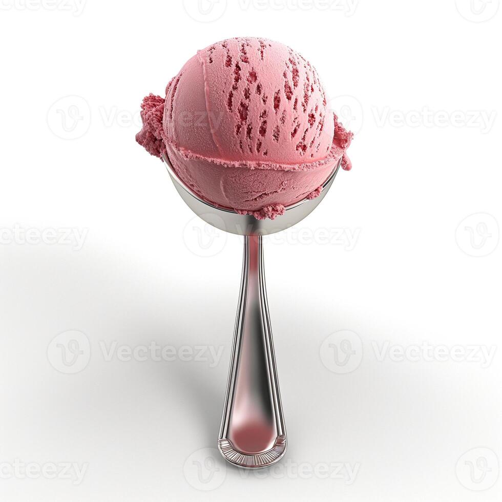 A close-up of a round scoop of delicious pink raspberry ice cream on a silver ice cream scooper. photo