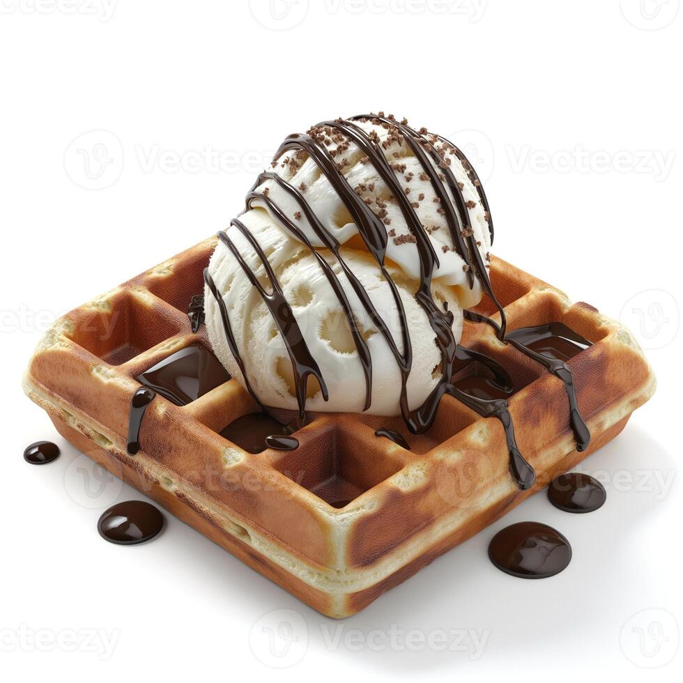 Delicious vanilla ice cream on a golden waffle, drizzled with rich chocolate sauce. photo