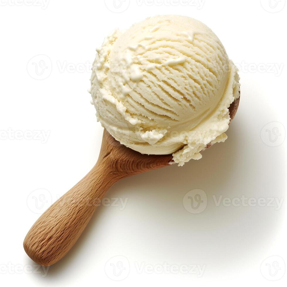 A delightful scoop of creamy vanilla ice cream on a wooden spoon, ready to be enjoyed. photo