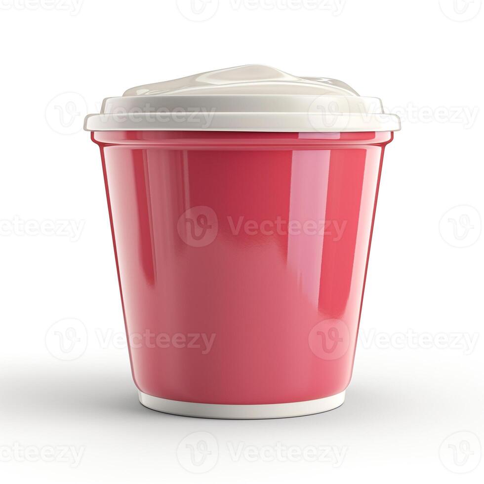 A vibrant pink take-out cup with a white lid, ideal for beverages or desserts, showcasing a sleek and modern design. photo
