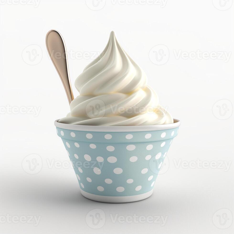Delicious soft-serve ice cream in a polka-dot cup with a golden spoon, evoking a sense of joy and indulgence. photo