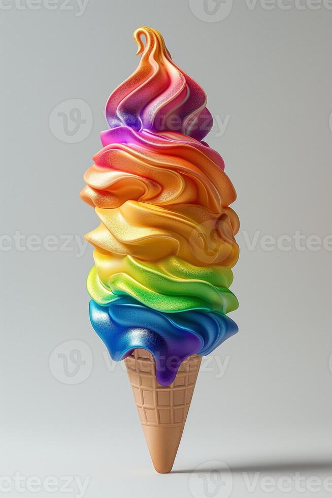 A vibrant rainbow swirl ice cream cone with colorful layers of creamy goodness against a light background. photo