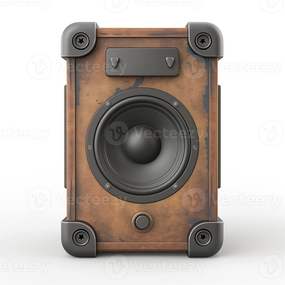 A vintage-style speaker with a rustic wooden finish and black accents, perfect for music lovers. photo