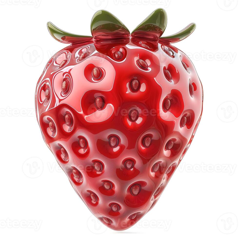 A vibrant, glossy red strawberry with deep green leaves, showcasing its plump, textured surface and distinct seeds. photo