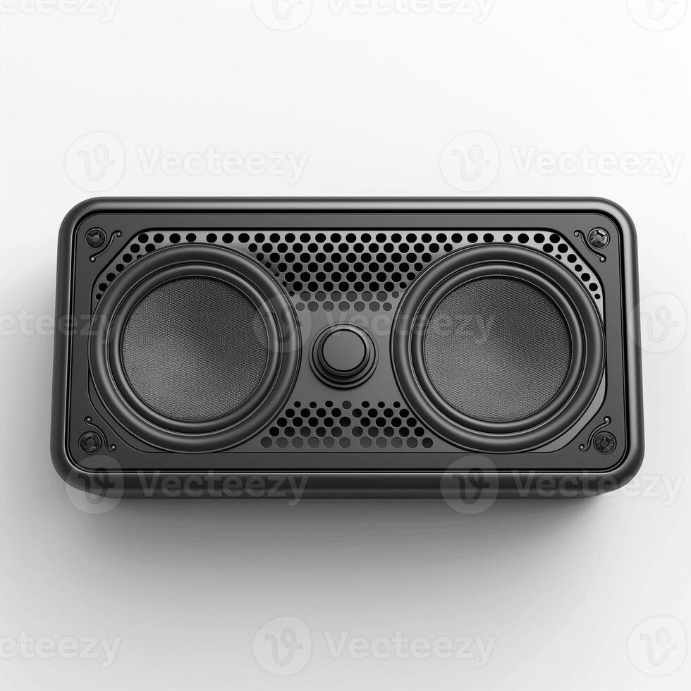 A sleek black speaker with dual woofers, showcasing a modern design and high-quality sound potential. photo