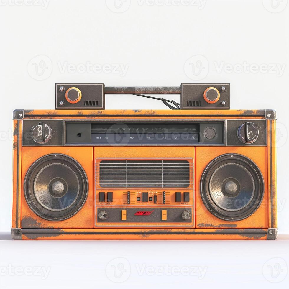 A vintage-style orange boombox with a worn texture and retro design, perfect for music lovers and nostalgia enthusiasts. photo