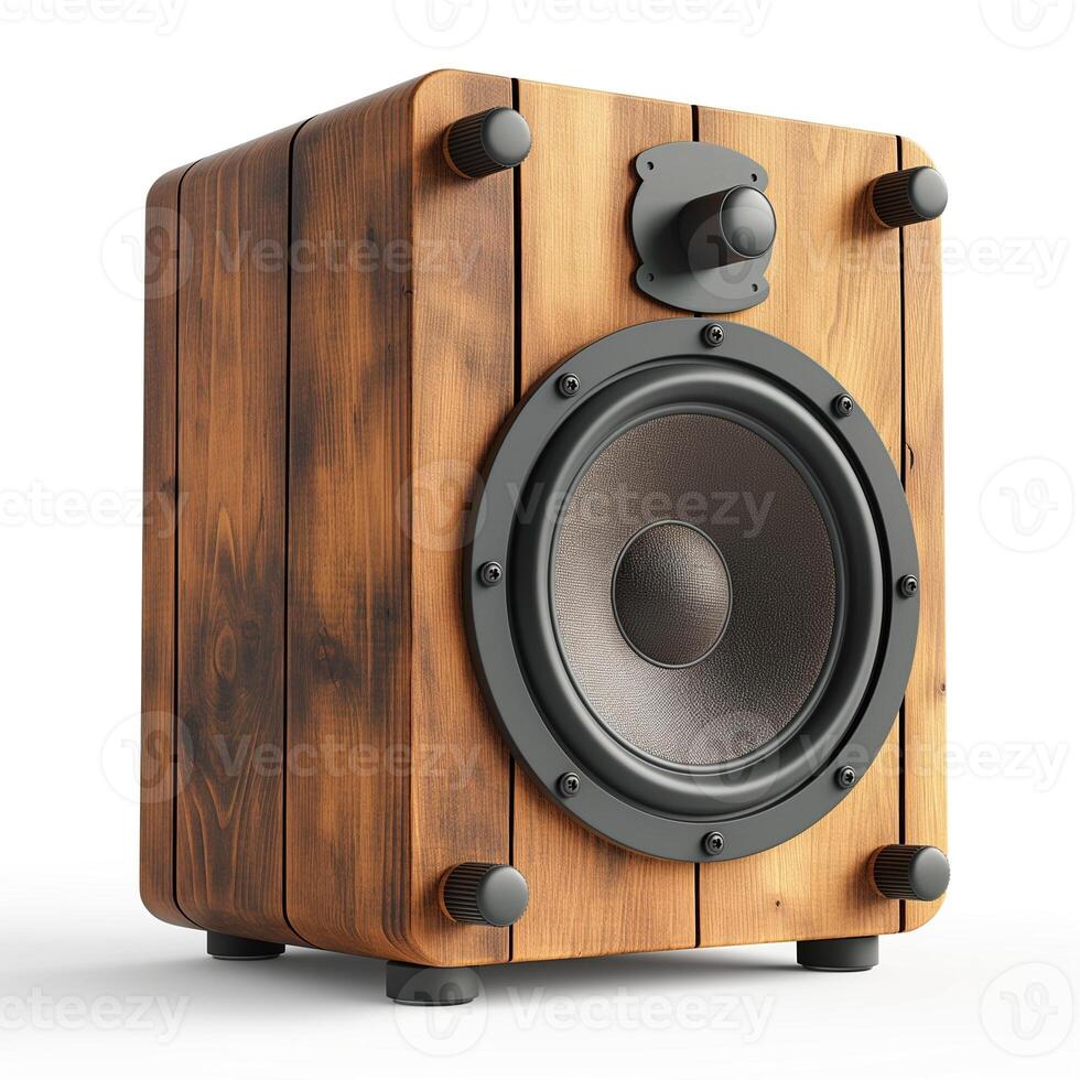 A rustic wooden speaker with a sleek design, perfect for enhancing any home audio setup. photo