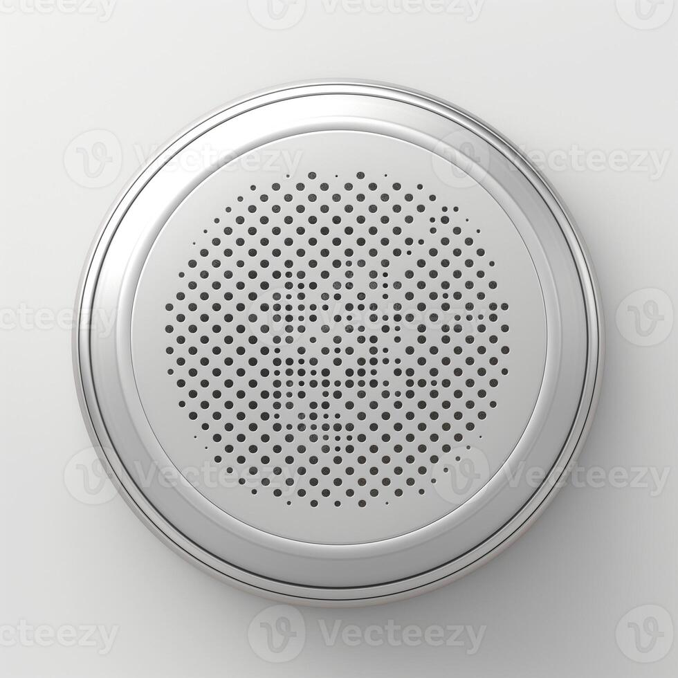 A modern, circular speaker grille featuring a sleek, metallic finish against a minimalistic background. photo