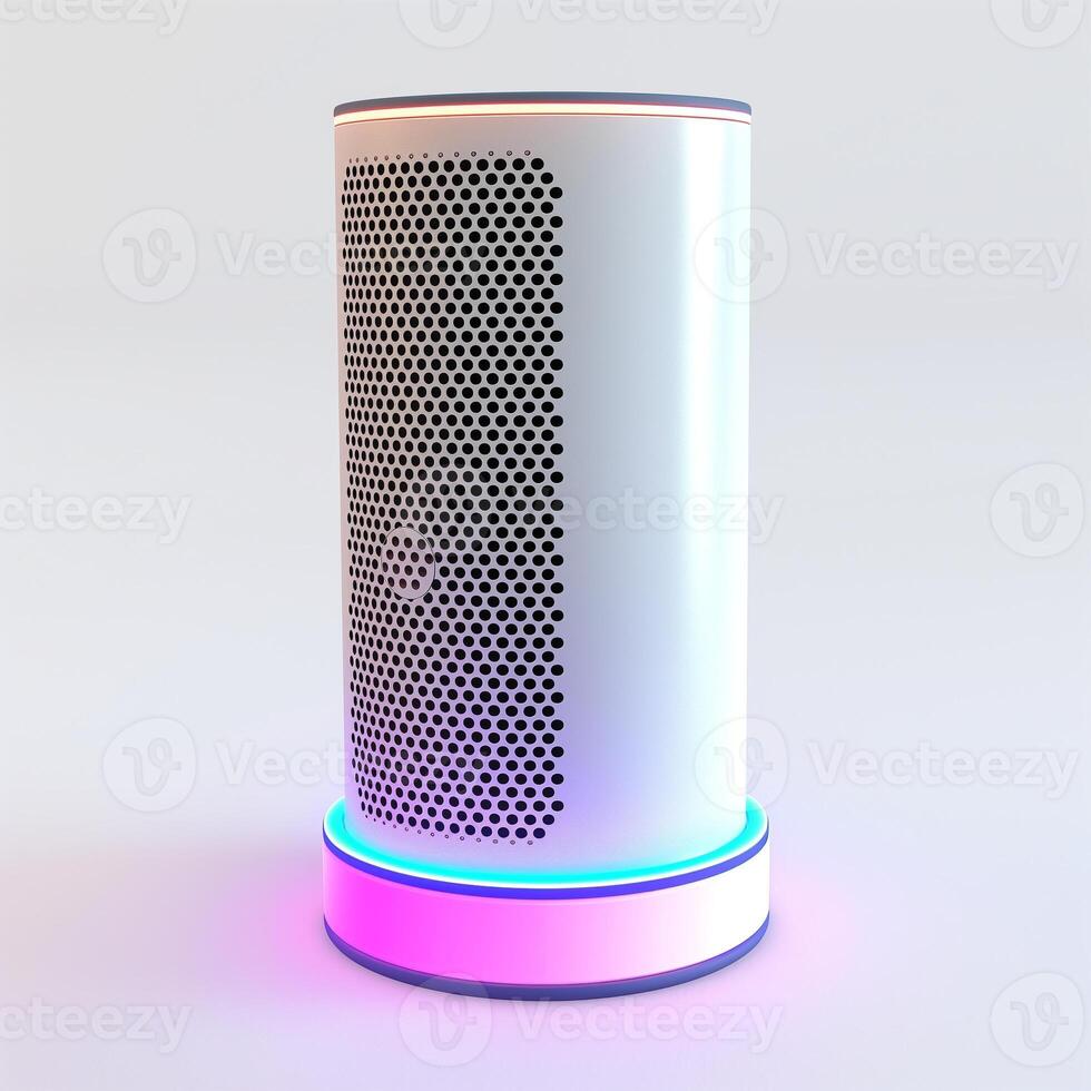 Modern smart speaker with a sleek, cylindrical design, illuminated with colorful LED lights, showcasing a futuristic aesthetic. photo
