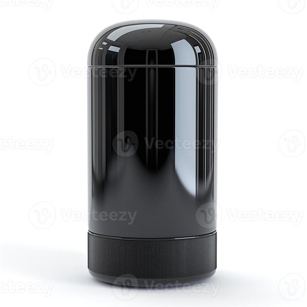 Sleek black cylindrical speaker design with a glossy finish, showcasing modern aesthetic and minimalistic style. photo