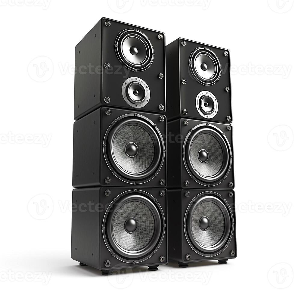 A sleek set of black audio speakers with multiple drivers, designed for powerful sound output. photo