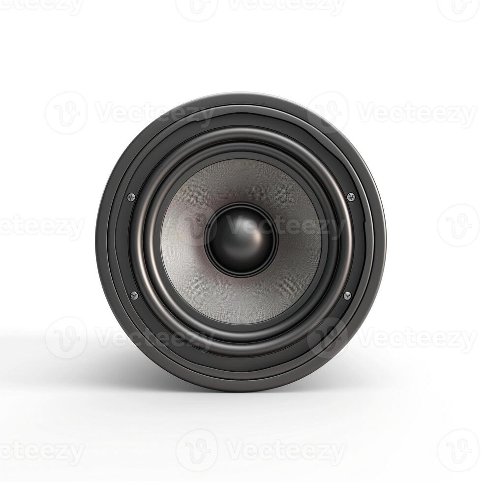 Close-up of a modern speaker, showcasing its sleek black design and intricate detail. photo