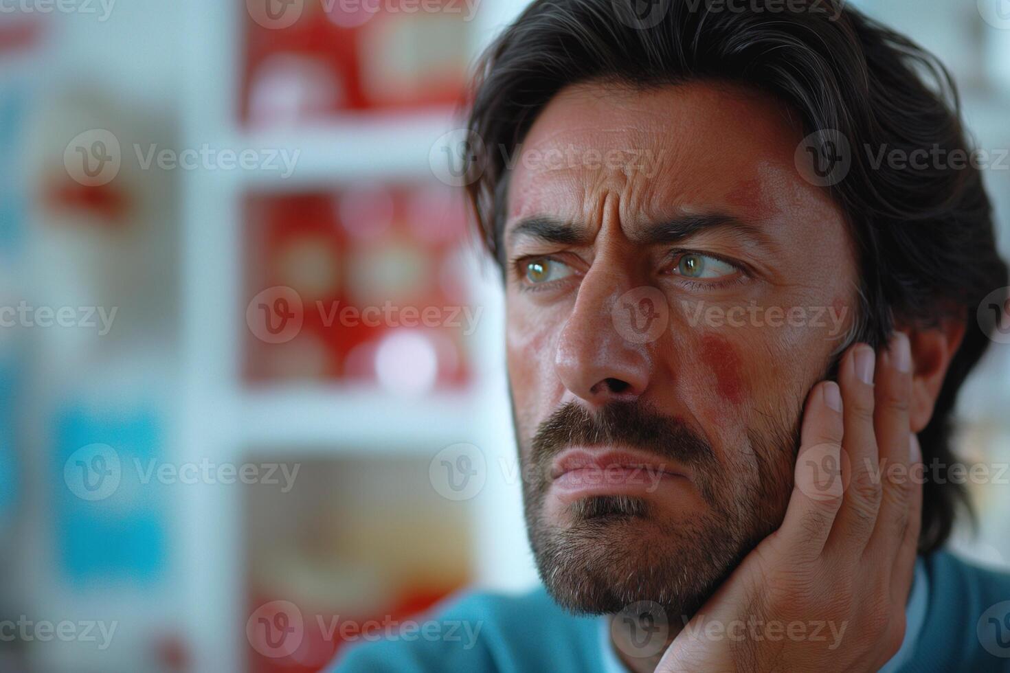 A concerned Middle-Eastern man with stubble touches his face, showcasing a worried expression, in a softly colored indoor setting. photo