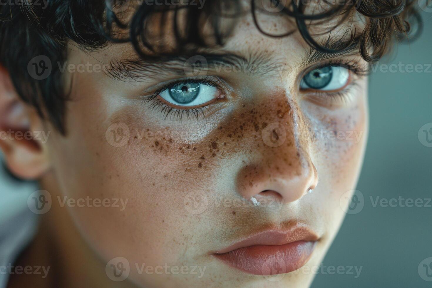 A close-up portrait of a young Caucasian boy with curly hair, striking blue eyes, and freckles, conveying innocence and curiosity. photo