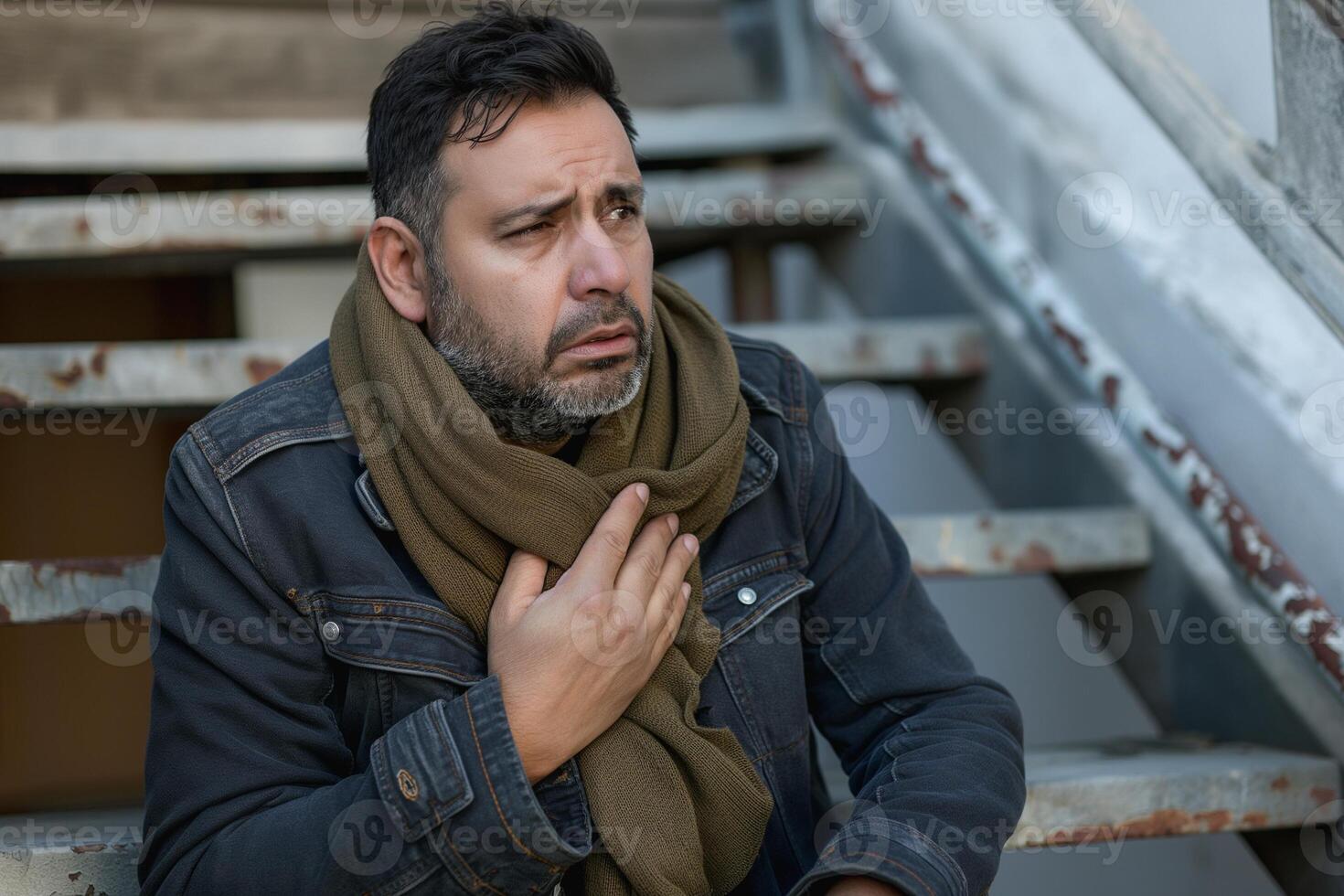 A contemplative Hispanic man in a denim jacket and scarf sitting on stairs, reflecting on life's challenges. photo