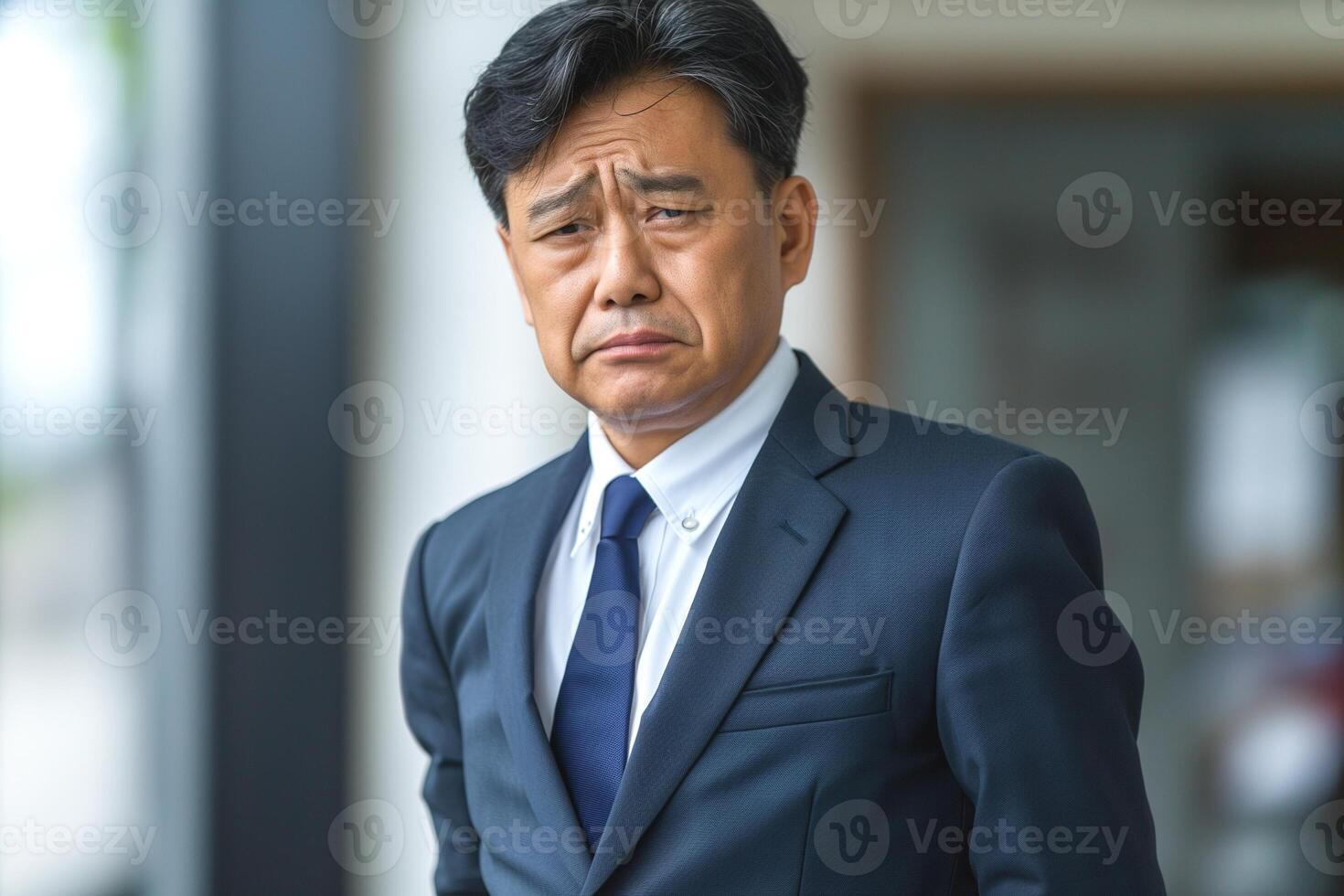 A mature Asian man in a suit with a contemplative expression, reflecting on a recent decision at the workplace. photo