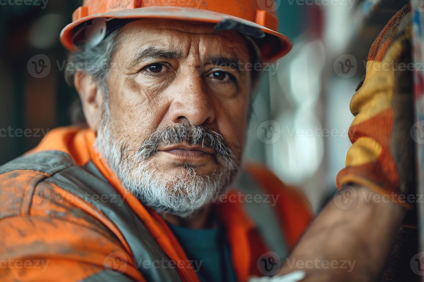 A serious Hispanic male construction worker in an orange hard hat and reflective gear, showcasing his dedication and expertise. photo