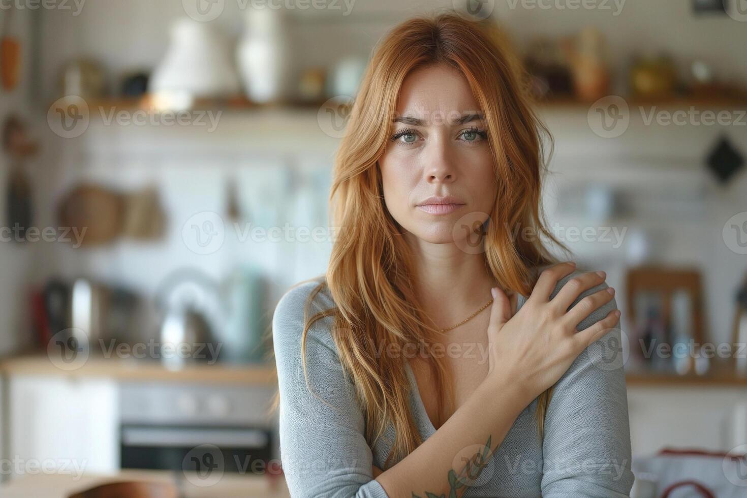 A young Caucasian woman with long red hair, looking thoughtfully at the camera, exuding a calm yet contemplative mood in a cozy kitchen. photo