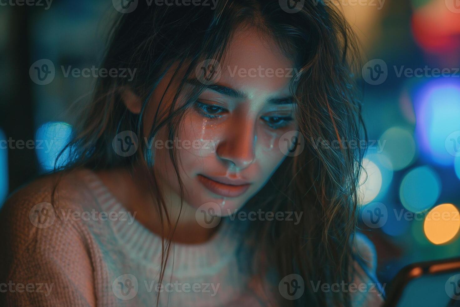 A young Latin woman with wet hair gazes intently at her smartphone, tears on her cheeks reflecting soft neon lights. photo