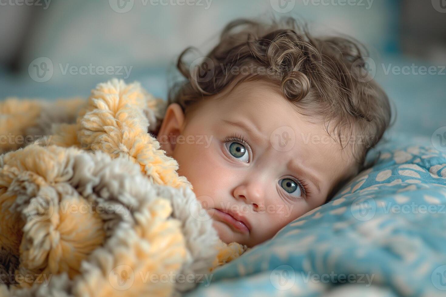 A cute Caucasian baby with curly hair looks thoughtfully while snuggled in a cozy blanket. photo