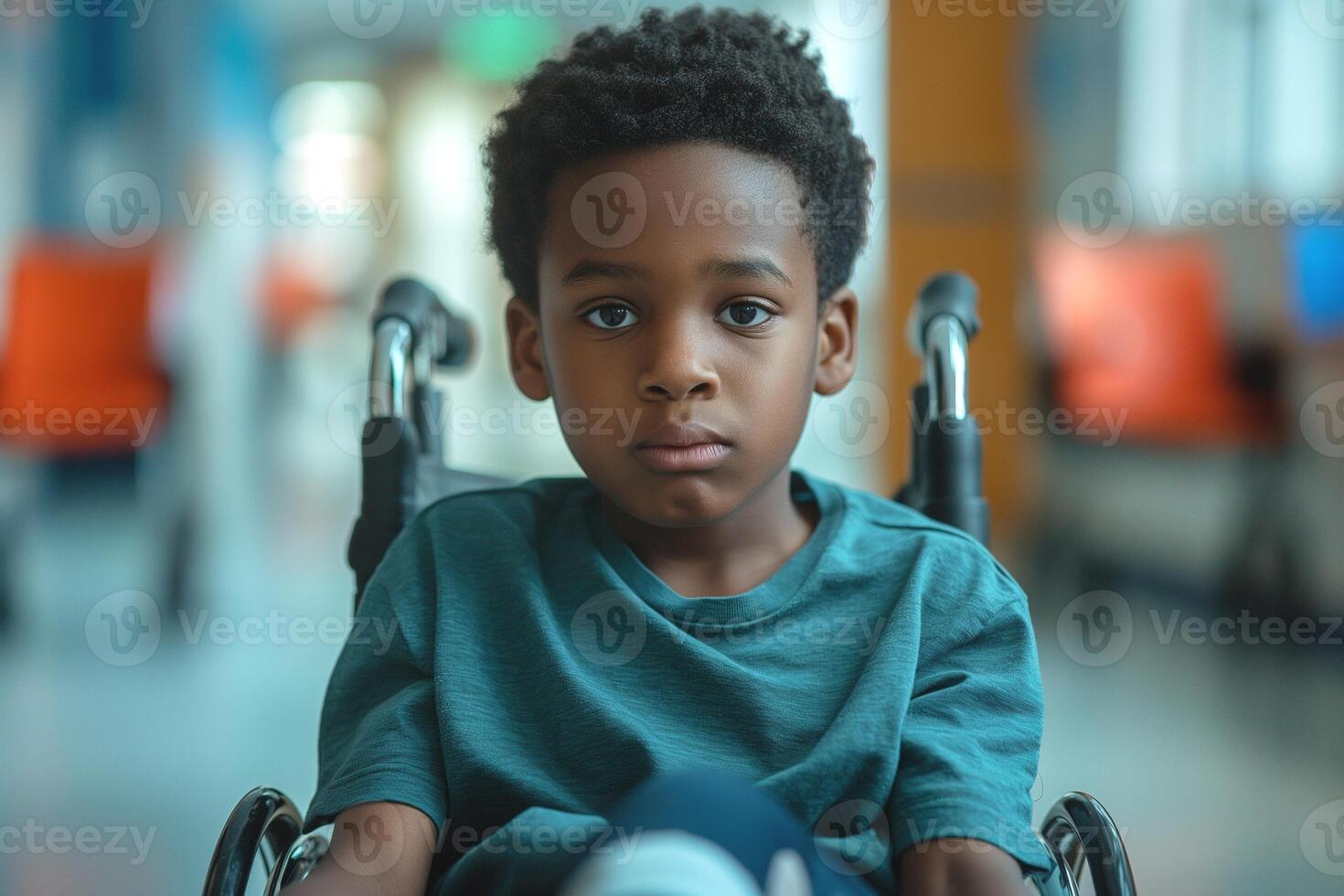 A thoughtful African American boy in a wheelchair, conveying resilience in a hospital setting. photo