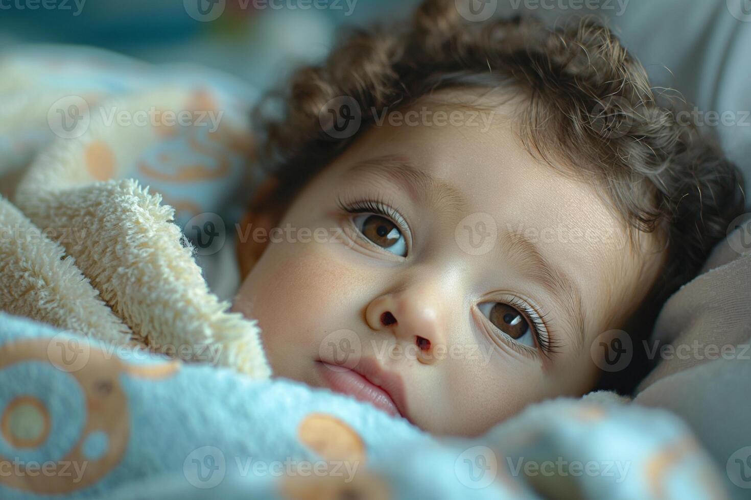 A close-up of a serene toddler with curly hair, wrapped in a soft blanket, gazing thoughtfully with big brown eyes. photo