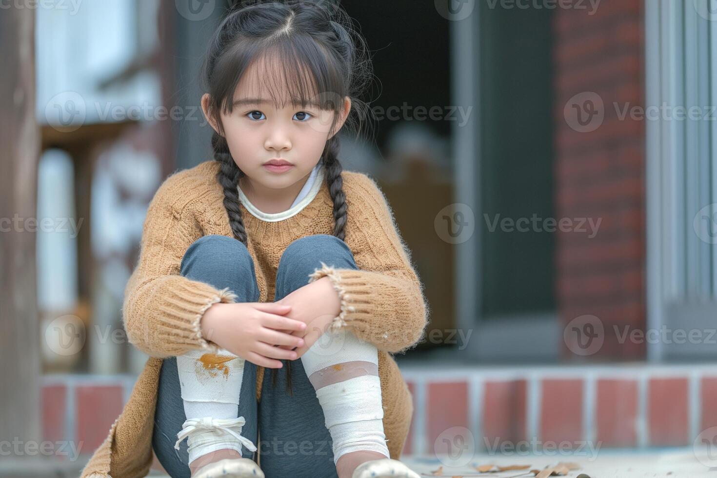 A young Asian girl with braided hair sits on the steps, dressed in a cozy brown sweater and grey leggings, exuding a thoughtful mood. photo