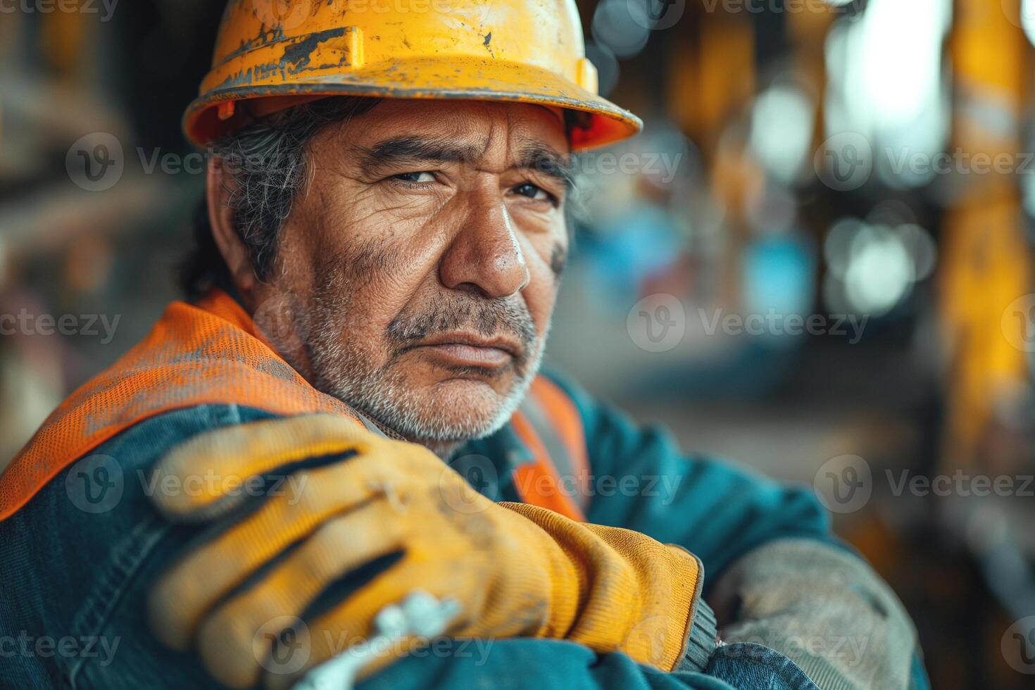 An elderly Hispanic male construction worker in a yellow hard hat and safety gloves, exuding determination and resilience. photo