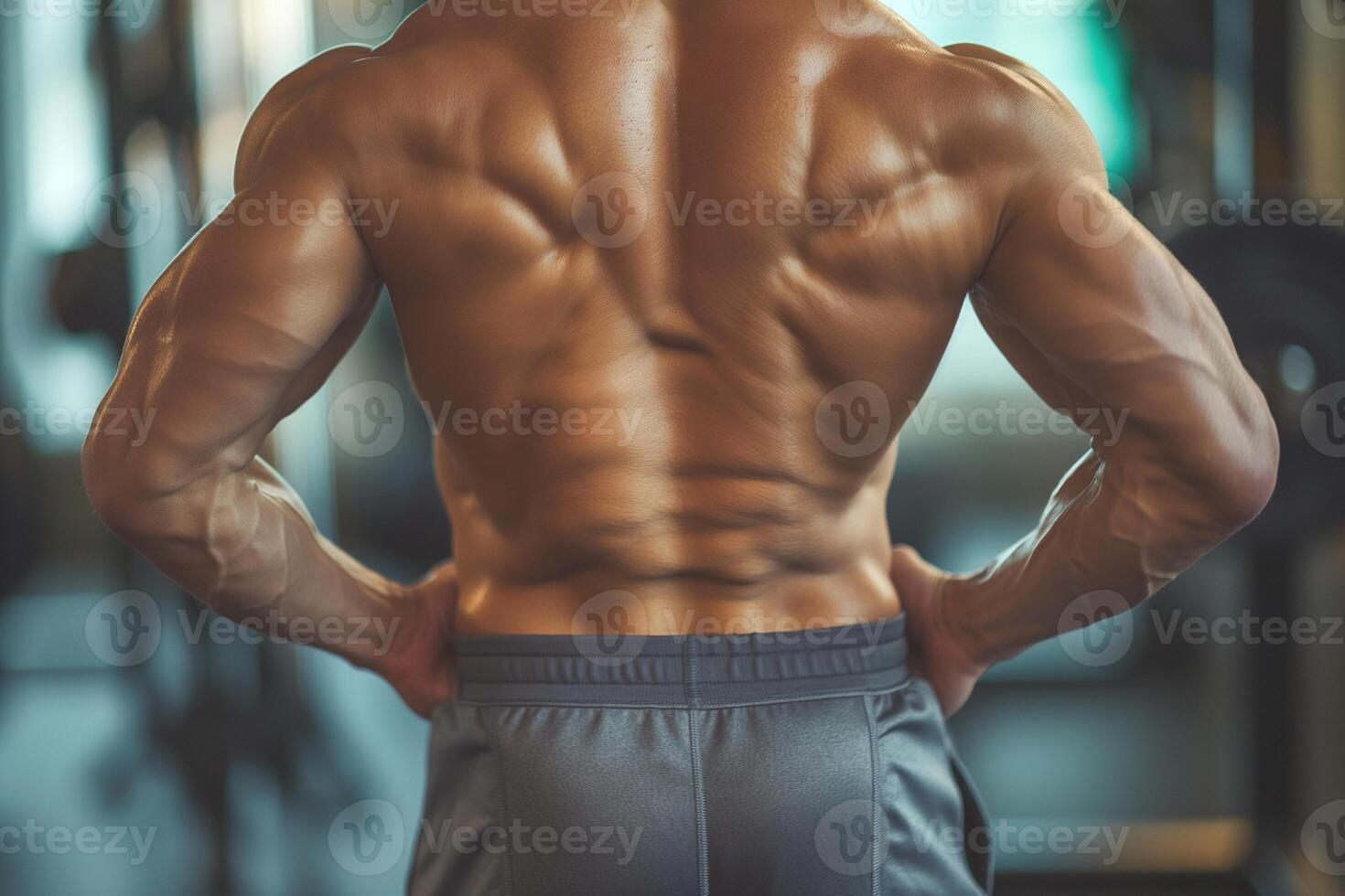 A muscular male athlete showcasing his defined back muscles in a gym setting. photo