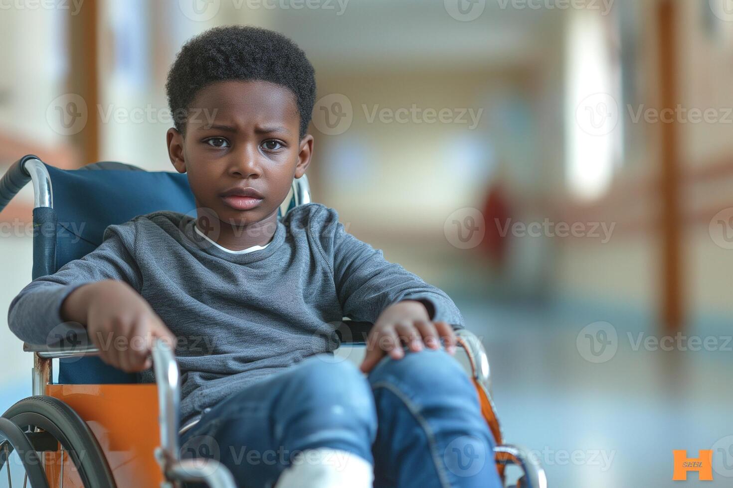A young Black boy with a serious expression sits in a wheelchair in a hospital corridor, conveying a sense of uncertainty. photo