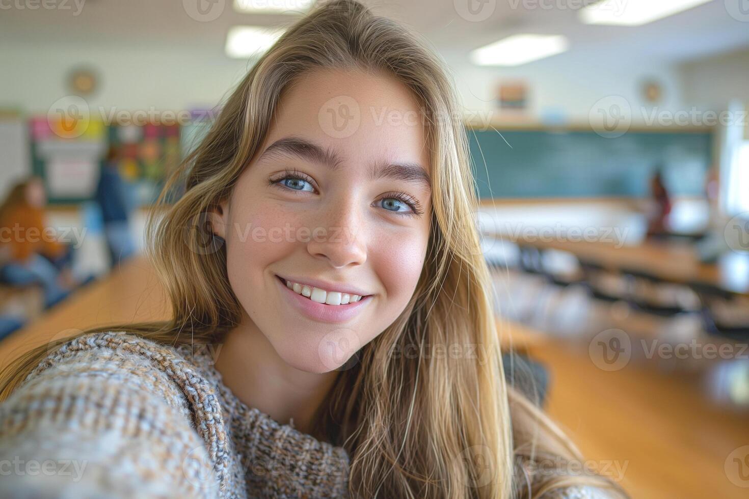A smiling young Caucasian woman taking a selfie in a bright classroom, capturing a joyful moment among peers. photo