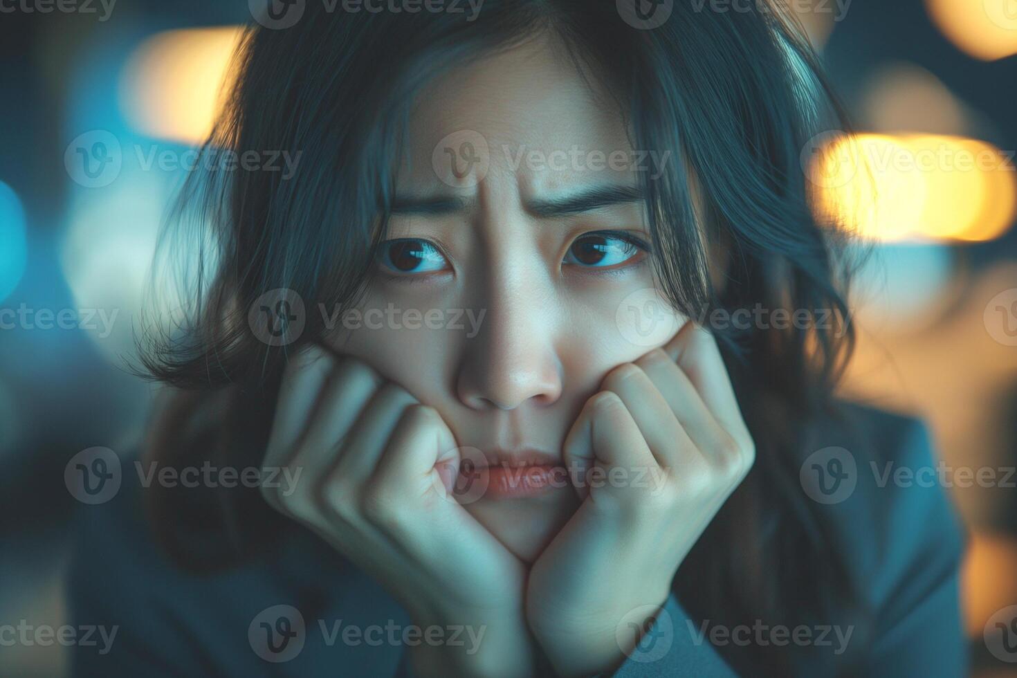 A concerned young Asian woman gazes thoughtfully with her hands supporting her face, reflecting deep contemplation amidst a soft, blurred backdrop. photo